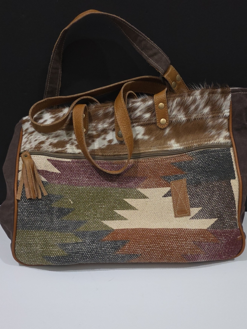 Myra Bag Multicolor Aztec Tote with Brown Hair-On Hide Trim